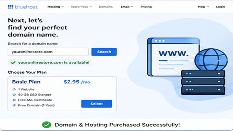 Step-by-step guide showing how to choose a domain name and hosting for a WordPress eCommerce website using beginner-friendly setup process