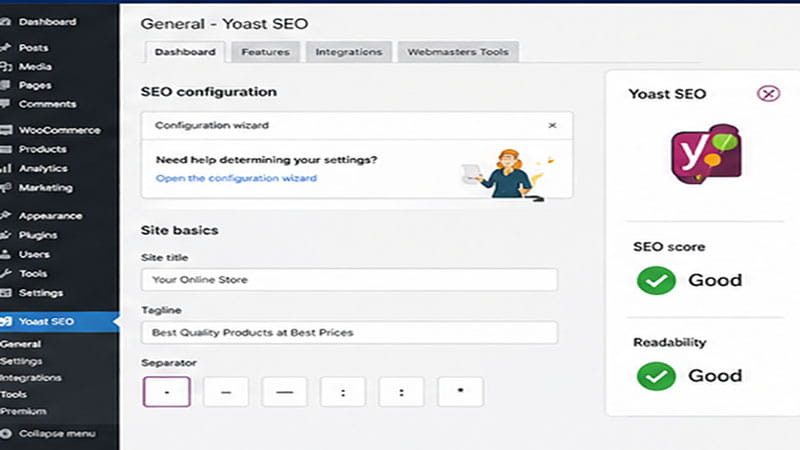 WordPress SEO plugin configuration dashboard showing optimization settings for improving search engine rankings