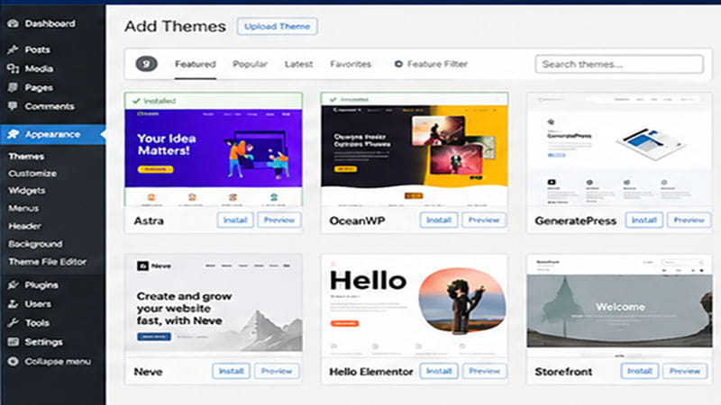 WordPress theme selection dashboard showing popular eCommerce themes installed for building an online store website