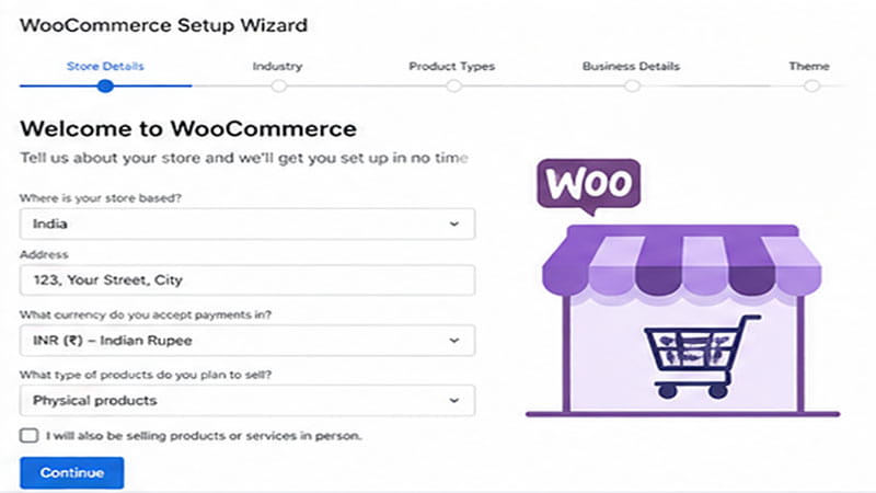WooCommerce setup wizard screen showing store details configuration for launching an online store with WordPress