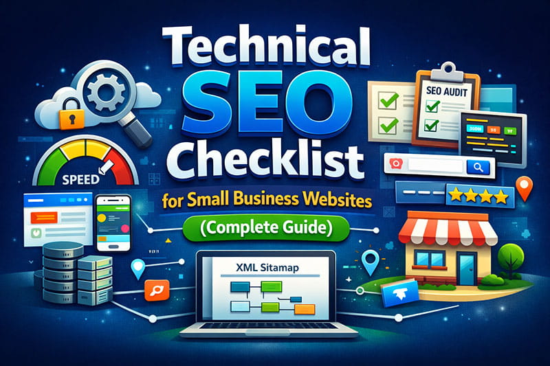 Visual guide of a technical SEO checklist tailored for small business websites, focusing on crucial optimization steps.