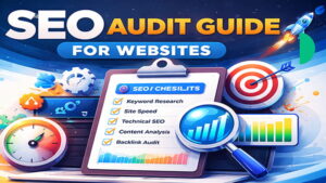 SEO audit guide cover featuring a checklist and website graphics, aimed at improving online visibility and performance