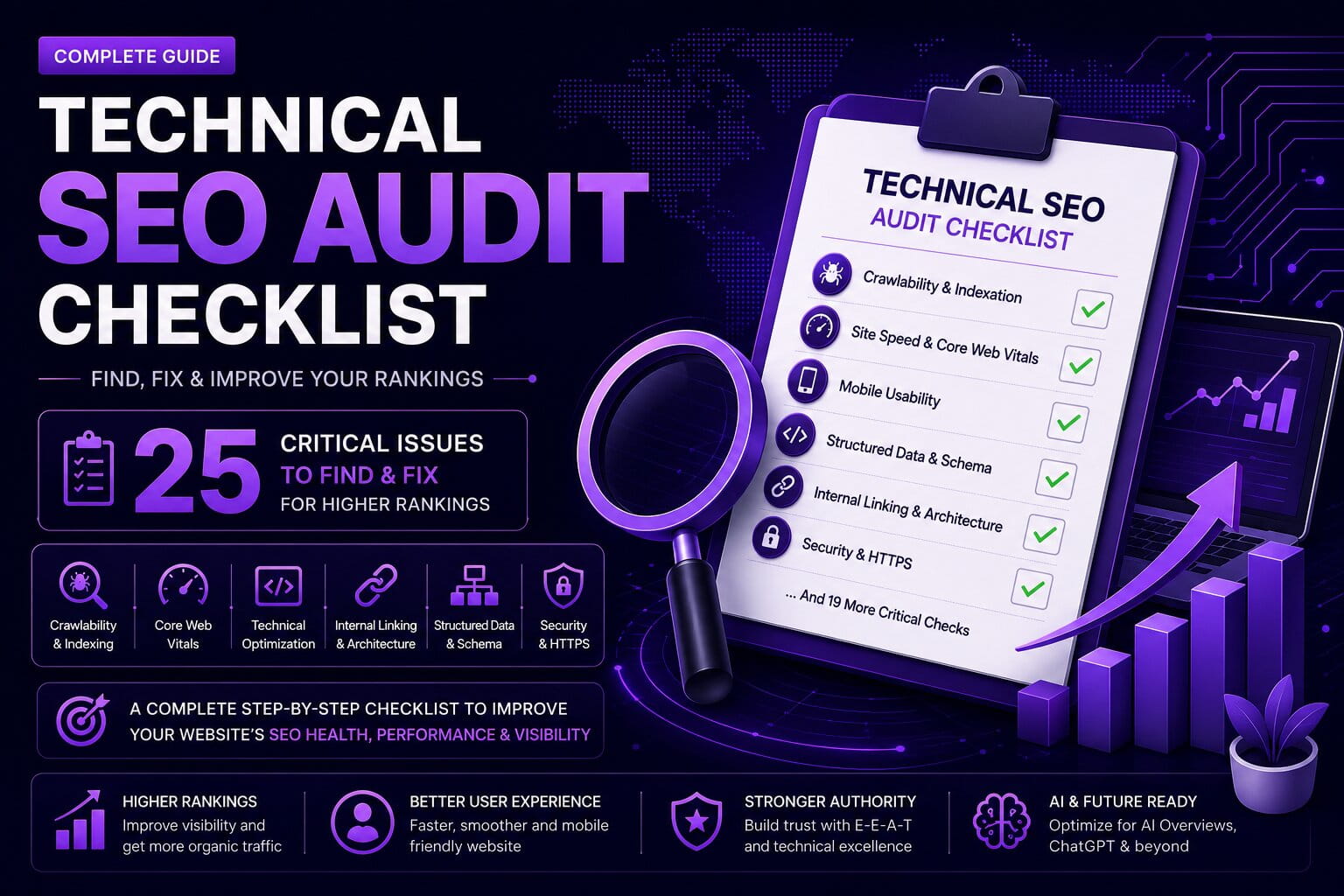 Technical SEO audit checklist illustration showing website optimization, SEO analysis, crawlability, indexing, Core Web Vitals, and search ranking improvements.