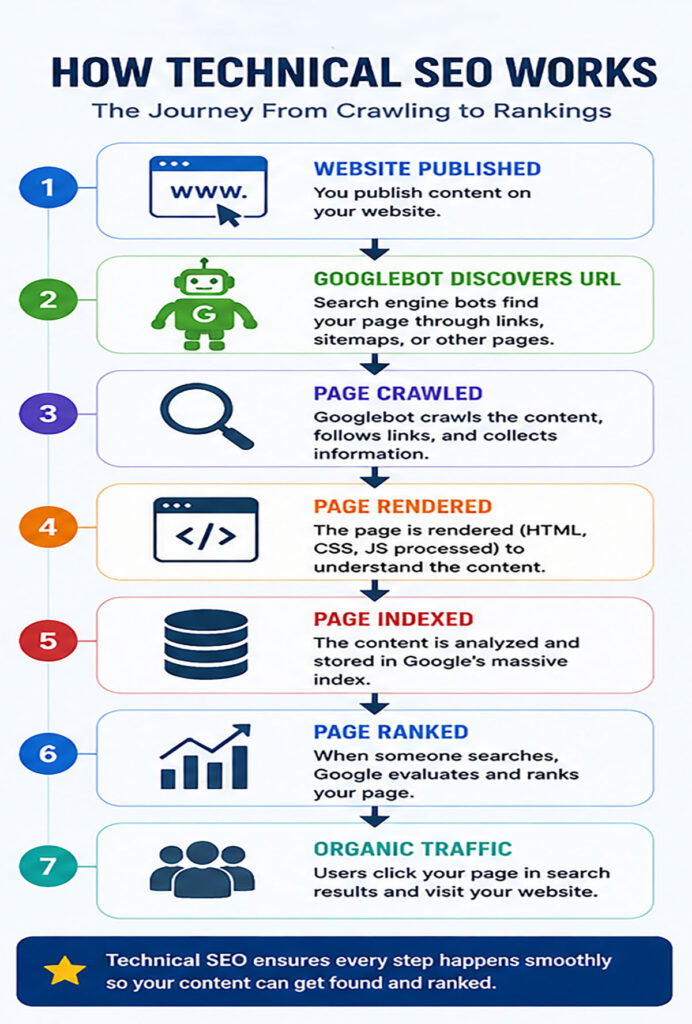 Technical SEO workflow infographic illustrating how search engines discover, crawl, render, index, and rank website pages to generate organic traffic.