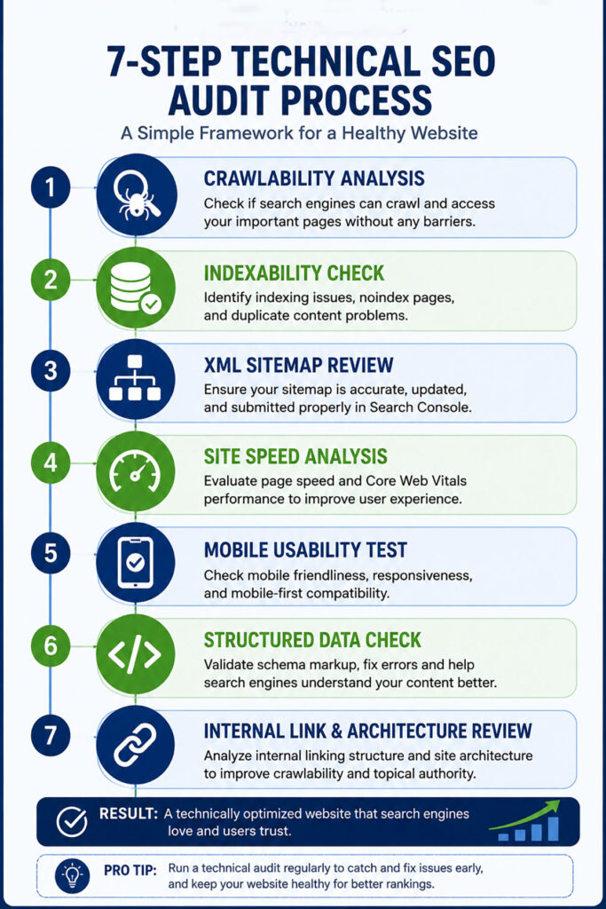 Technical SEO audit infographic showing the step-by-step process of reviewing crawlability, indexability, XML sitemaps, page speed, mobile usability, structured data, internal linking, and HTTPS security.