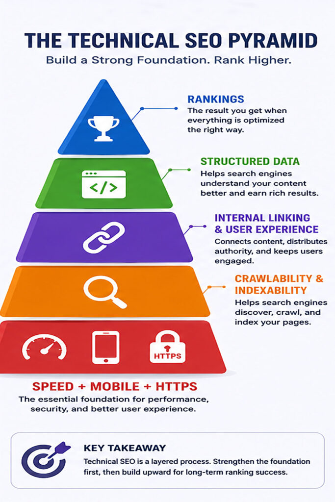 Technical SEO pyramid infographic showing the hierarchy of website optimization, including HTTPS, page speed, mobile optimization, crawlability, indexability, internal linking, structured data, and rankings.