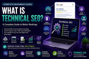 Technical SEO infographic illustrating the complete website optimization process, including crawling, rendering, indexing, ranking, Core Web Vitals, mobile optimization, structured data, XML sitemaps, HTTPS security, internal linking, and search engine visibility.
