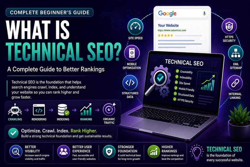Technical SEO infographic illustrating the complete website optimization process, including crawling, rendering, indexing, ranking, Core Web Vitals, mobile optimization, structured data, XML sitemaps, HTTPS security, internal linking, and search engine visibility.